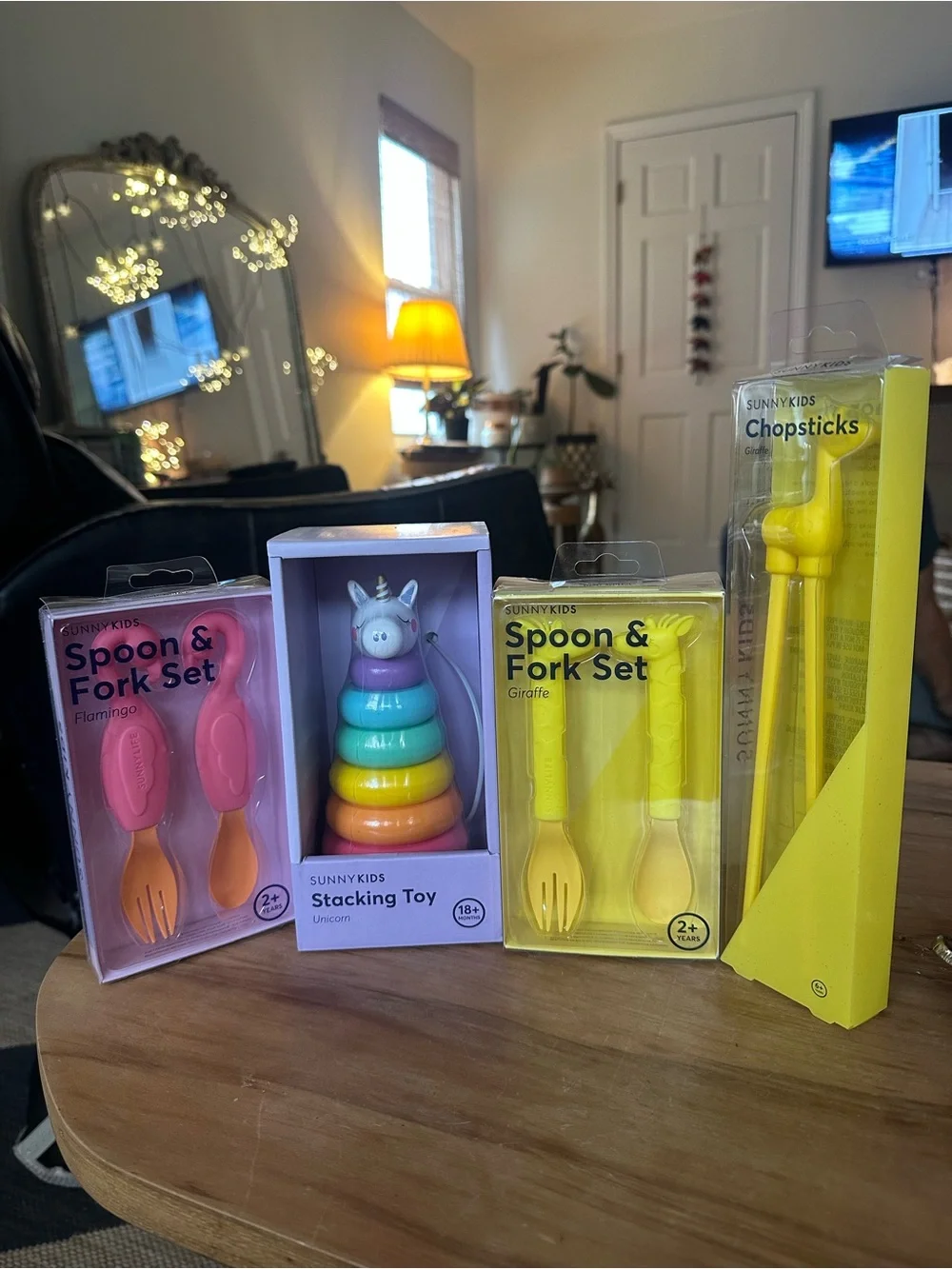 Sunny Kids Yellow gift set unicorn stacker, giraffe flamingo utensils chopsticks